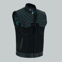 Biker Club Green Stitched Black Denim Leather Vest