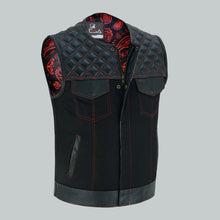 Biker Club Red Stitched Black Denim Leather Vest