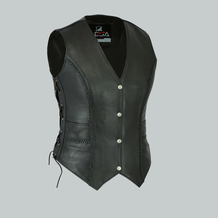 Womens Motorcycle Biker Classic Soft Leather Vest with Side Laces