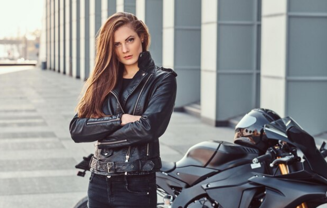rider girl wearing black leather jacket 