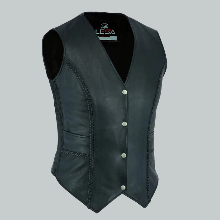 women's real Leather Braided Black Waistcoat Gillette Vest