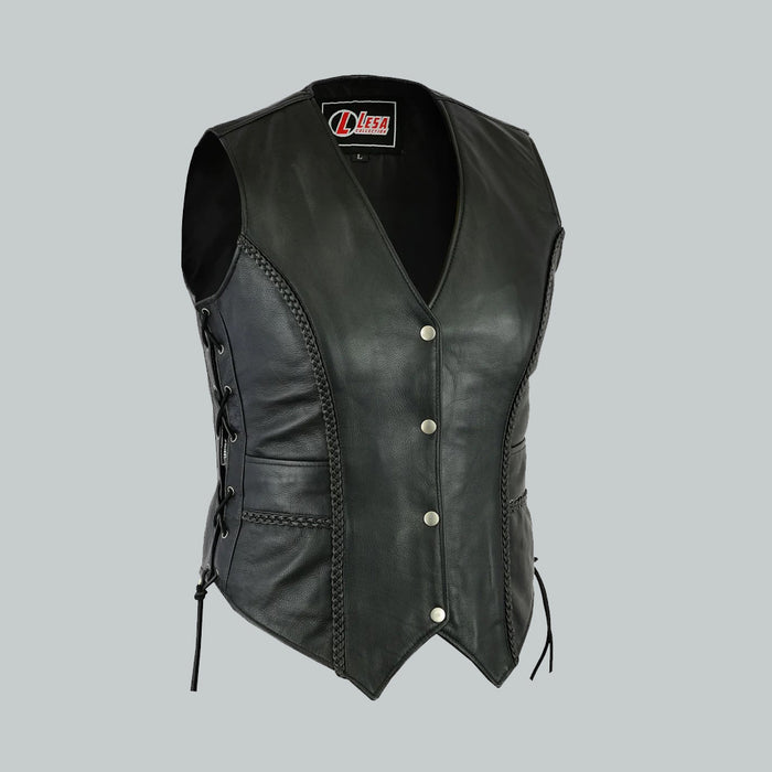 Ladies Real Leather Laced Up Motorcycle Biker Waistcoat Gillette Vest